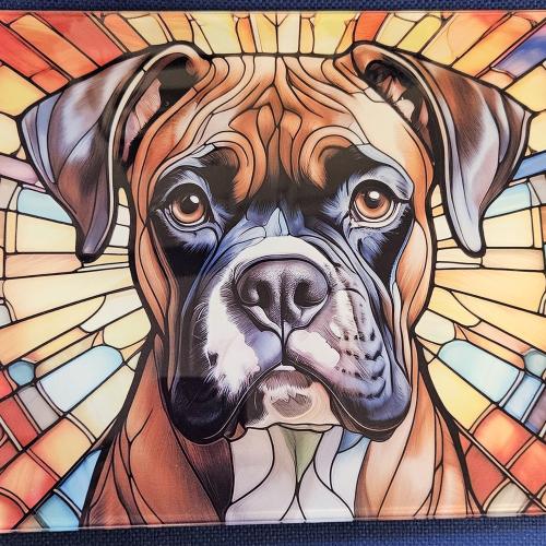 Boxer Nala  Glass Chopping Board Leaded Light Seller 290 + Free Stand
