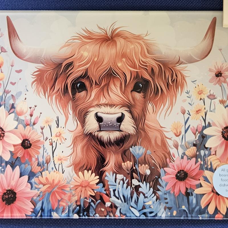 Cow Yellow Flowers Glass Chopping Board Leaded Light Seller 290 + Free Stand