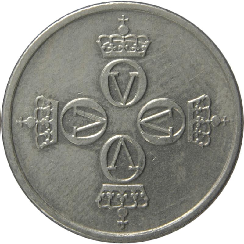 Norway 25 Twenty Five Ore Four crowned Olav V monograms aligned in a cross