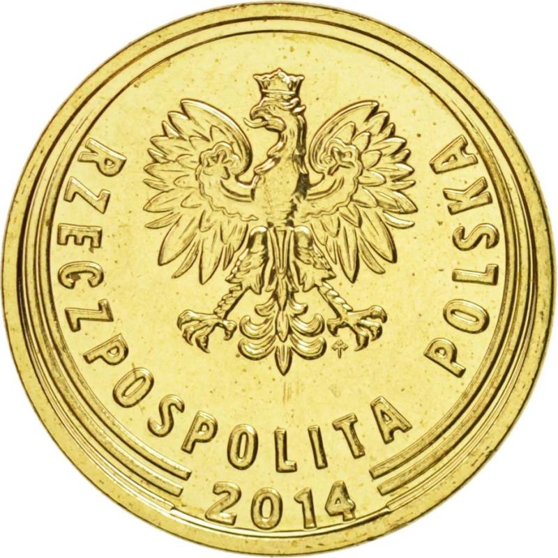 2014 Poland 1 One Grosze Groszy Polish Eagle in Coat of Arms 2 Oak Tree Leaves