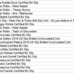 35 x 50p Brilliant Uncirculated Coins, Peter Rabbit, Puddleduck, Snowman, Paddington