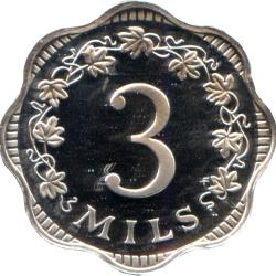 1972 Malta 3 Three Mils Coin Maltese Bee over Honeycombe Wreath Of Vine Leaves