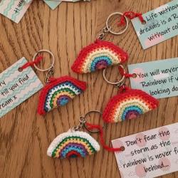 Crochet Rainbow Keyring with quote