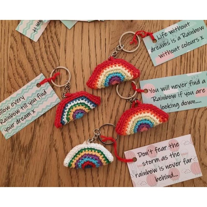 Crochet Rainbow Keyring with quote