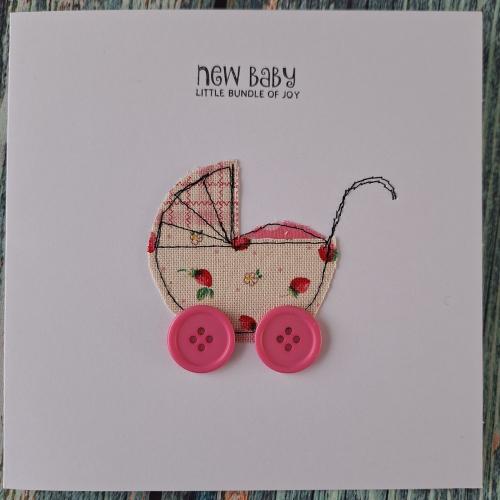 New Baby Card with applique pink pram embellishment - FREE postage
