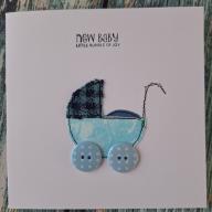 New Baby Card with applique blue pram embellishment - FREE postage