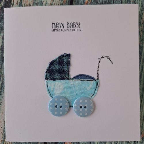 New Baby Card with applique blue pram embellishment - FREE postage