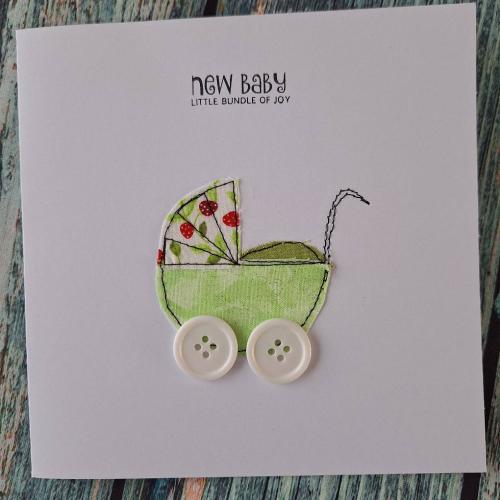 New Baby Card with applique green pram embellishment - FREE postage