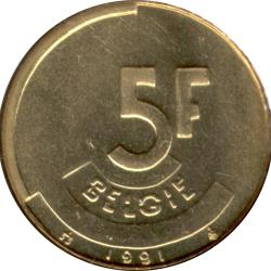 1993 Belgium Belgique 5 Five Franc Coin Crowned Oak Branch