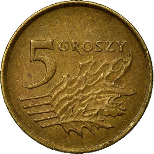 2010 Poland 5 Five Grosze Groszy Polish Eagle in Coat of Arms 2 Oak Tree Leaves