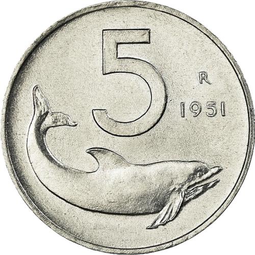 Italy 5L Five Lire Coin 1969 Dolphin Reverse
