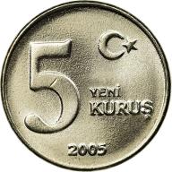 2006 Turkey 5 Yeni Kurus Crescent Moon Mustafa Kemal Ataturk