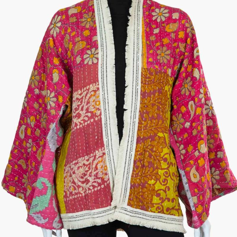 Random Colour And Design Kantha Fringed Jacket - Every One Is Different
