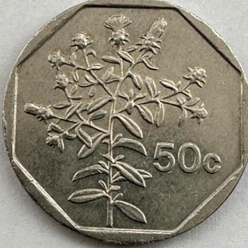 1992 Malta 50c Fifty Cent Coin Tulliera Maltese Plant Fleabane 50p Shape