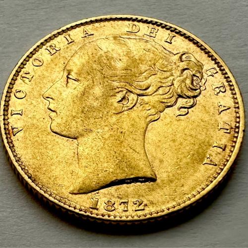 1872 Young Victoria Full Sovereign Shieldback - Die 7