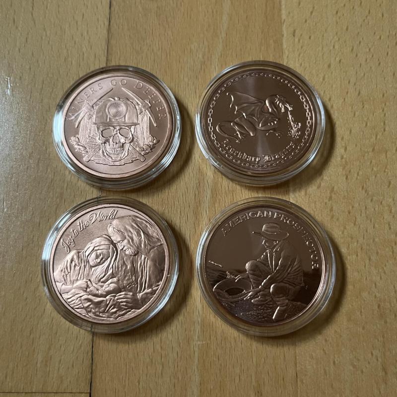 4 x 999 Fine Copper Rounds Joy to the World, Miners Go Deeper, Legendary Dragons