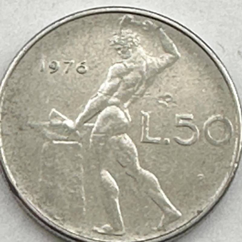 Italy 50 Fifty Lire Coin 1976 God Vulcan Beating Iron on an Anvil