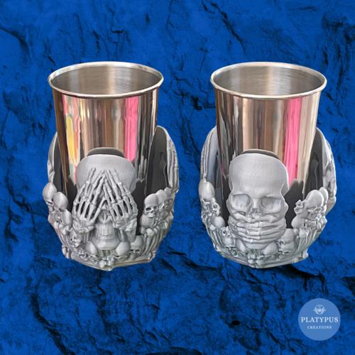 Silver Three Wise Skulls Tumbler/Glass Holder with Metal Tumbler