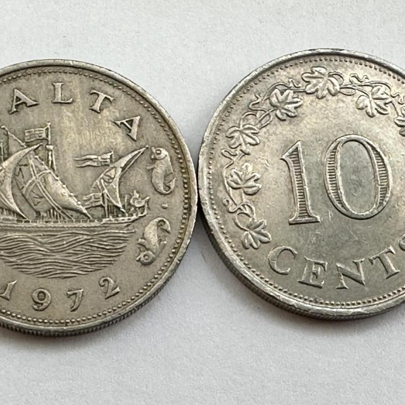 1972 Malta Maltese 10c Ten Cent Coin Boat Dolphins Wreath Vine Leaves