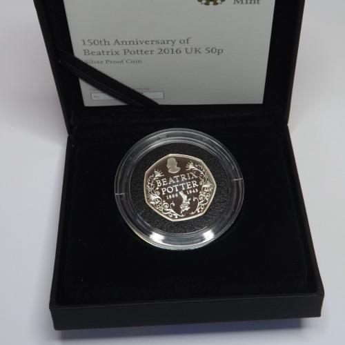 2016 Anniversary of Beatrix Potter 50p silver proof coin.