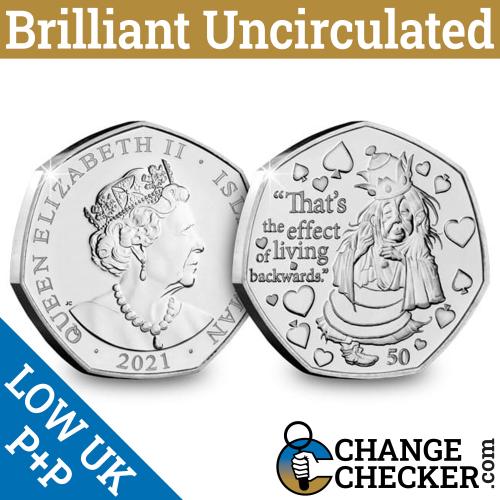 2021 Effect Living Backwards 50p Fifty Isle of Man BUNC Coin Alice Looking Glass
