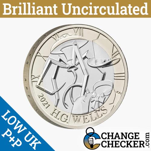 Naked H G HG Wells £2 Two Pounds Coin WRITING CORRECT WAY Brilliant Uncirculated