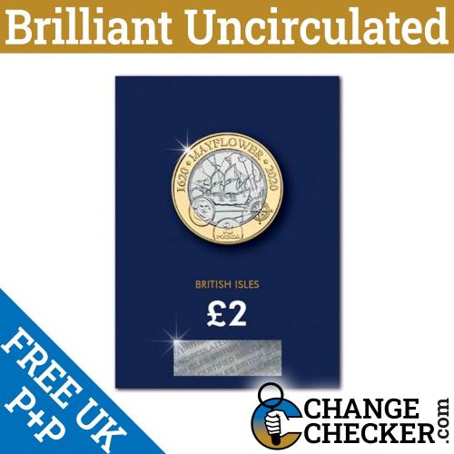 Isle of Man: Mayflower 2020 £2 Two Pound Coin BUNC IOM Change Checker Blue Card