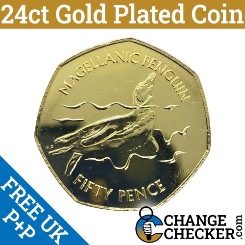 Gold Plated Magellanic 2020 Falkland Islands Penguin 50p Coin Uncirculated UNC