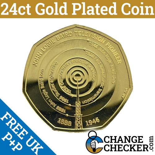 Gold Plated John Logie Baird 50p Coin BUNC 5th Portrait Brilliant 24ct Brilliant