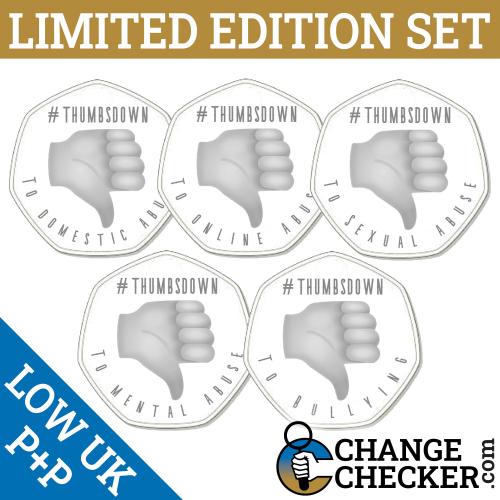 TGBCH Full Set Of 5 Thumbs Down Abuse Rare 50p Novelty Coin Limited Edition 100