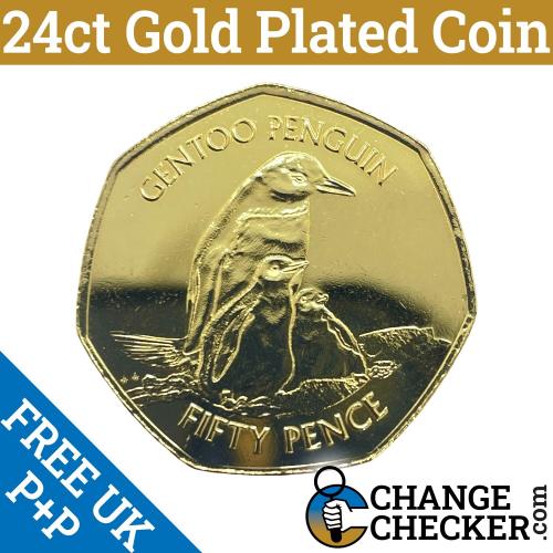 Gold Plated Gentoo 2020 Falkland Islands Penguin 50p Coin Uncirculated UNC