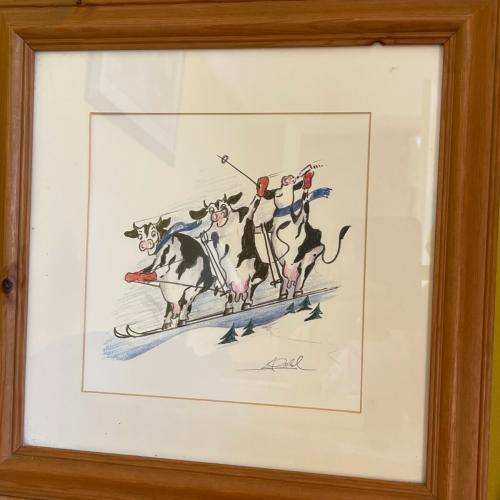 Framed Vintage Picture Drawing 1980’s 1990's Cows Skiing On The Piste Signed