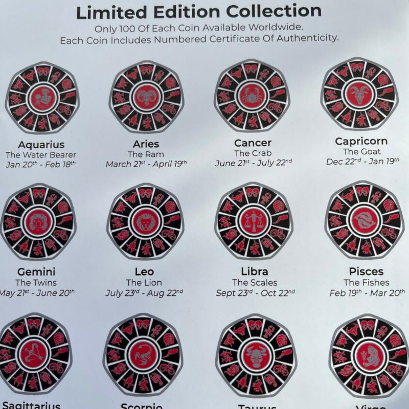 Zodiac Series 50p Shaped Coins Collectable Leaflet Pamphlet Ephemera With £10 