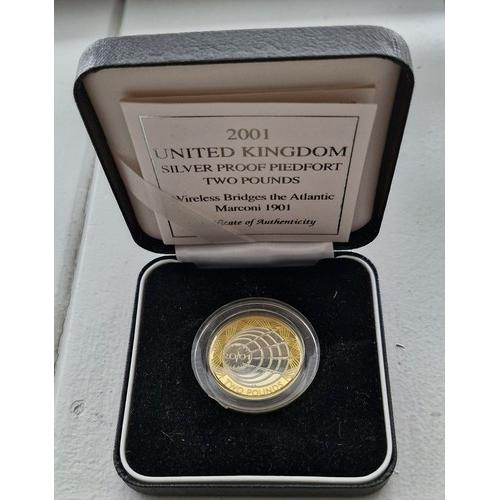 2001 silver proof PIEDFORT £2 Two Pound coin Marconi Wireless Boxed With COA