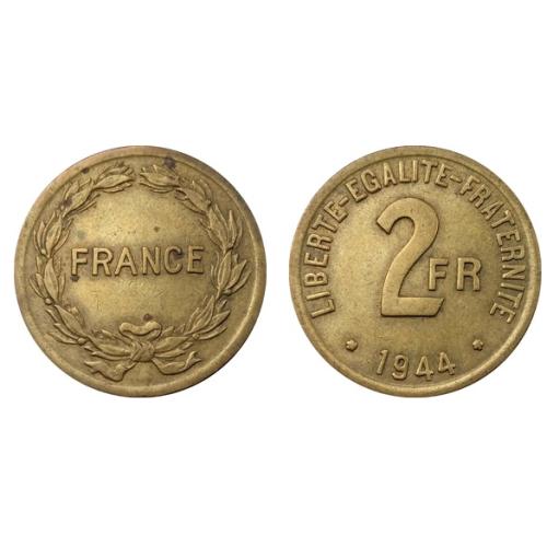 1944 France 2 Francs Circulated Condition Wreath VAT Receipt Given