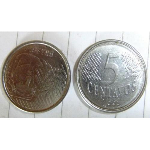 1997 Brazil 5 Centavos Brazillian Coinage Circulated Condition Stainless Steel