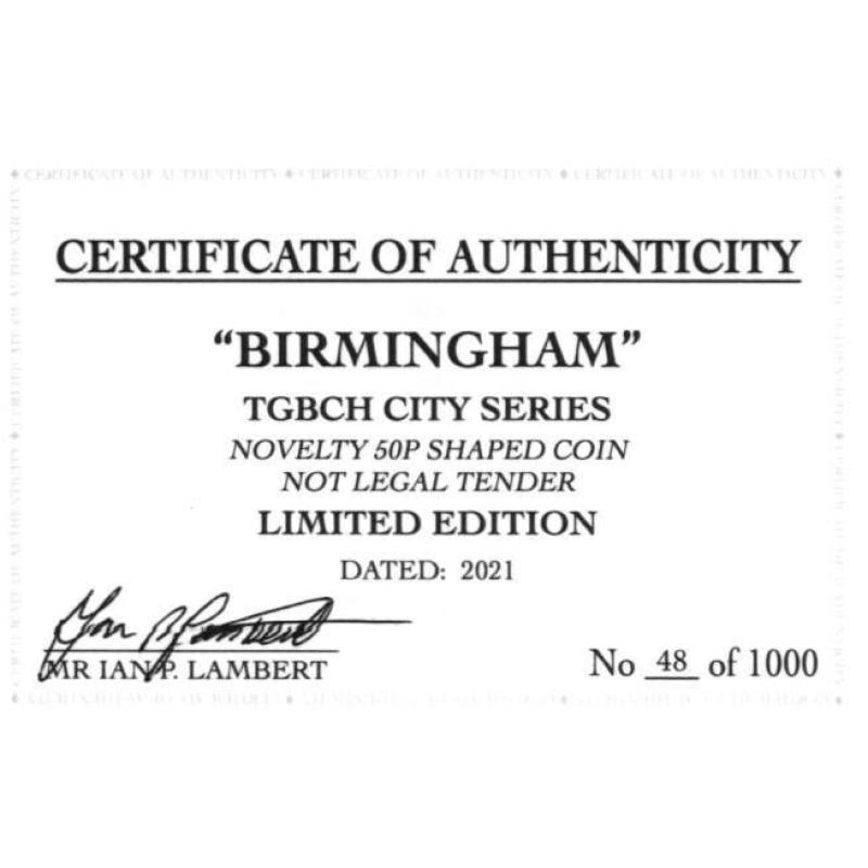 RARE ORIGINAL BIRMINGHAM, TGBCH CITY SERIES WITH COA OF 1000