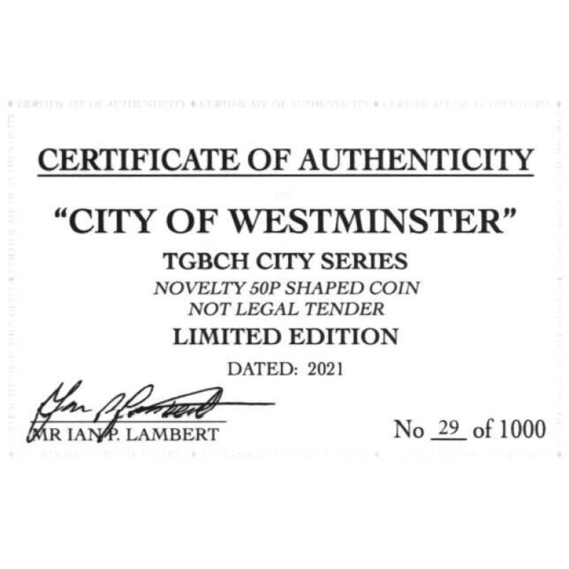 RARE ORIGINAL CITY OF WESTMINSTER, TGBCH CITY SERIES WITH COA OF 1000