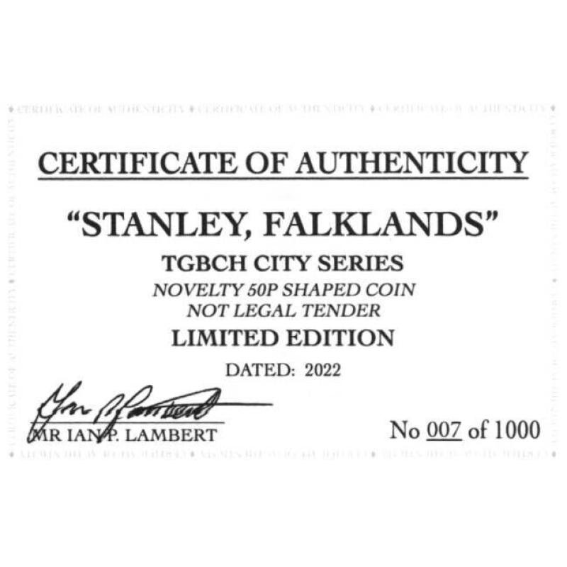 RARE ORIGINAL STANLEY,FALKLANDS,TGBCH CITY SERIES WITH COA OF 1000