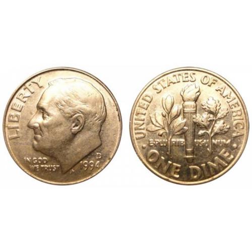 1997 USA Roosevelt 1 Dime D Mint Olive Branch, Torch and Oak Branch  Circulated