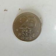 1975 Norway 25 Ore Coin Crowned Olav V Monogram Circulated Condition