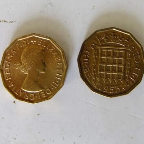 1953 Three Pence Circulated Queen Elizabeth 2nd Tudor Portcullis Vat Receipt