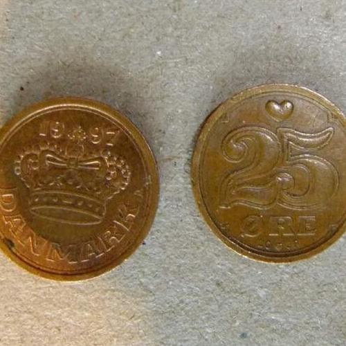 1995 Denmark 25 Ore Coin Crown Of Christian V Danish Circulated Condition