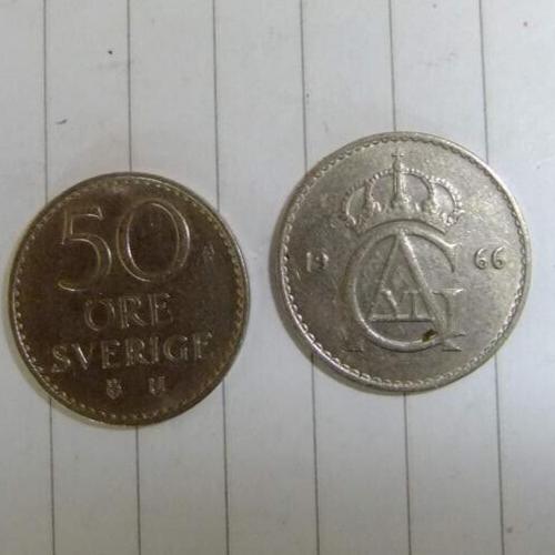 1966 Sweden 50 Ore Crowned Monogram Of King Gusta Circulated Condition Coin