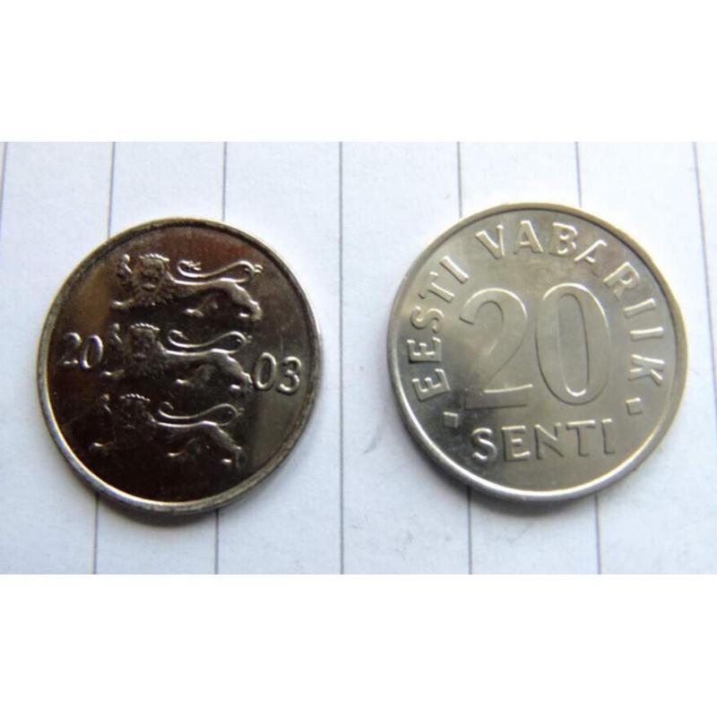 2003 Estonia 20 Senti Coin Eesti Vabariik Three Lions Circulated Condition