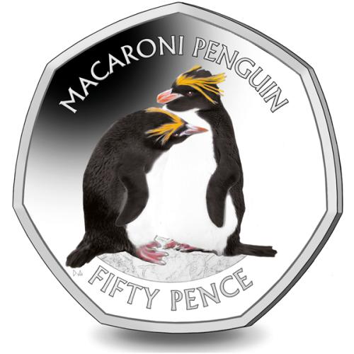 British Antarctic Macaroni Penguin 50p 2019 Coloured Cupro Nickel Diamond Fini