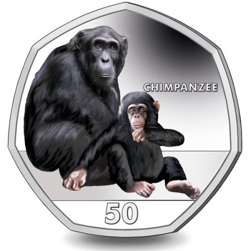 Gibraltar Primates 50p Chimpanzee 2018 Coloured Cupro Nickel Diamond Finish