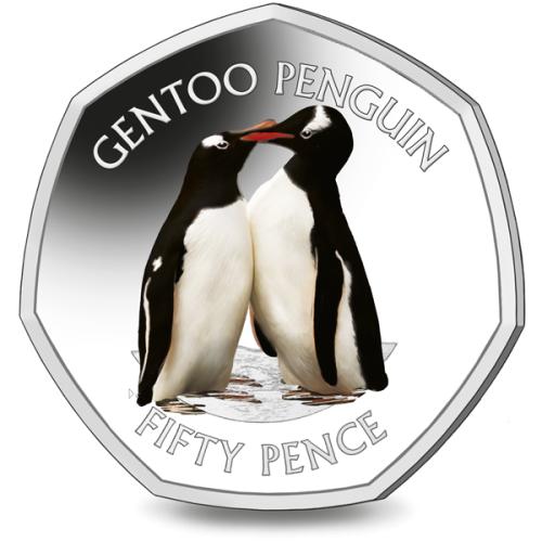 British Antarctic Gentoo Penguin 50p 2019 Coloured Cupro Nickel Diamond Fin
