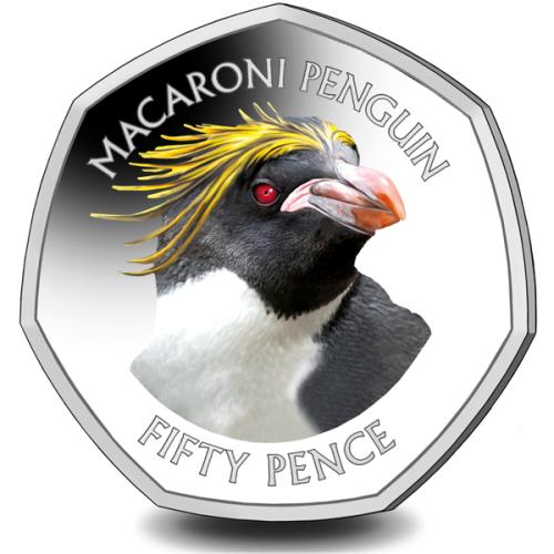 Falklands Penguins 50p Macaroni 2018 Coloured Cupro Nickel Diamond Finish