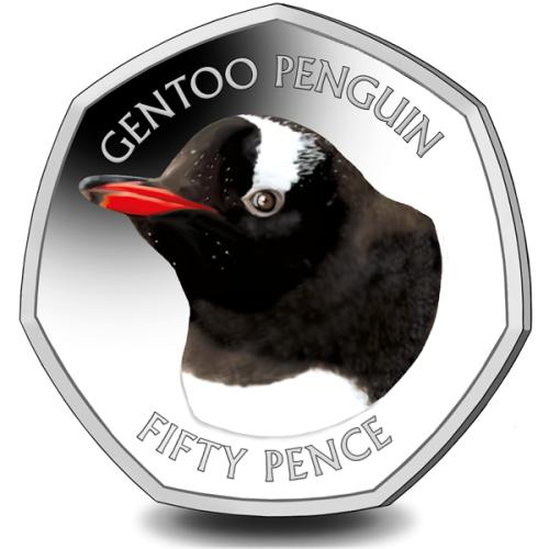 Falklands Penguins 50p Gentoo 2018 Coloured Cupro Nickel Diamond Finish
